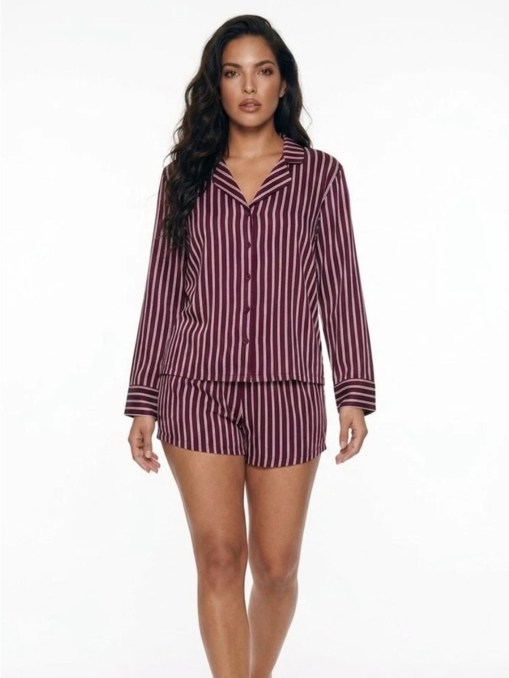 Target Striped Burgundy Women’s 2 Piece Pajama Set - Button-Up Top & Shorts